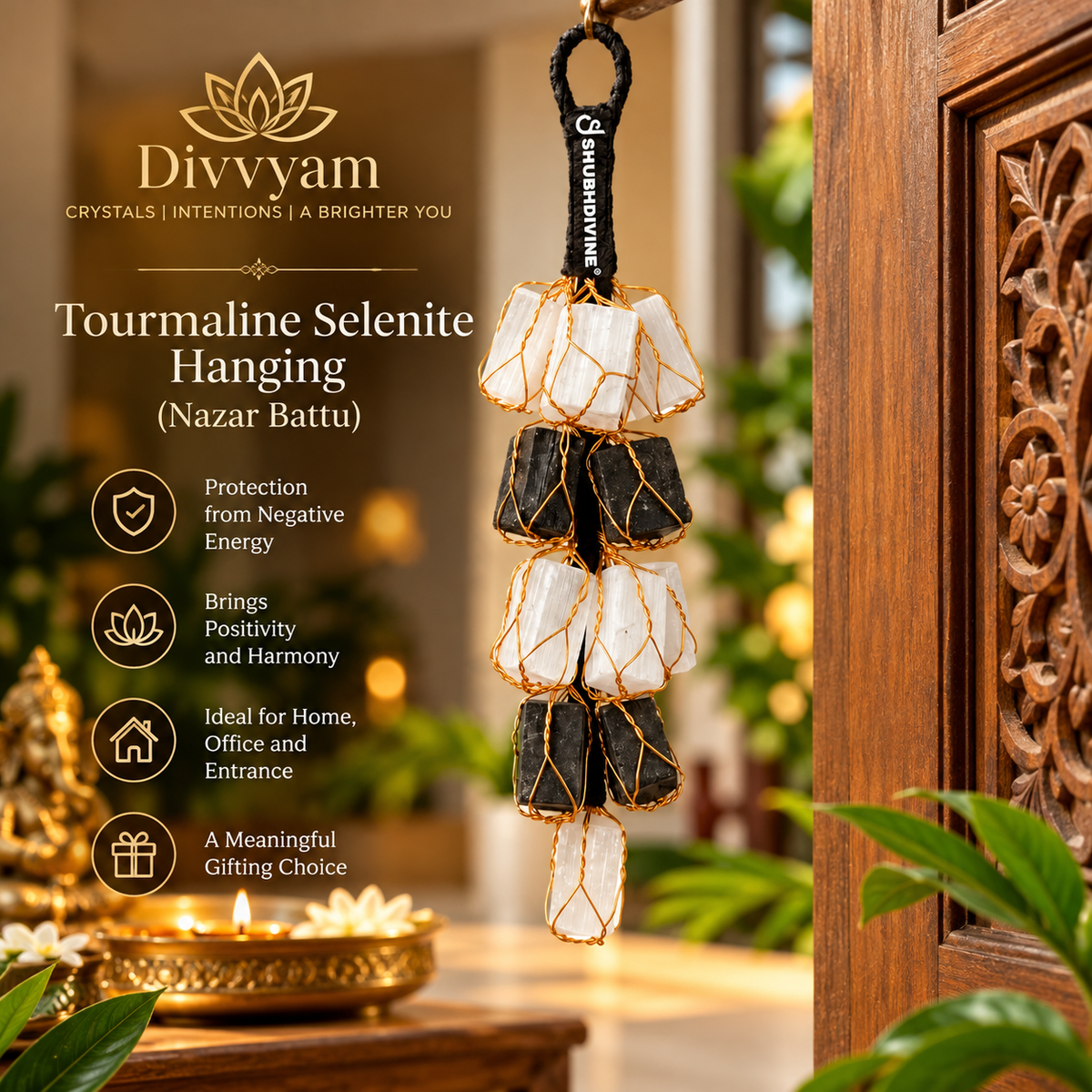 Tourmaline Selenite Hanging (Nazar Battu) - Raw Stone, Self Charging